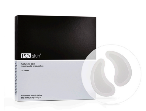 A box of PCA Skin hyaluronic acid microneedle eye patches with individual patches visible